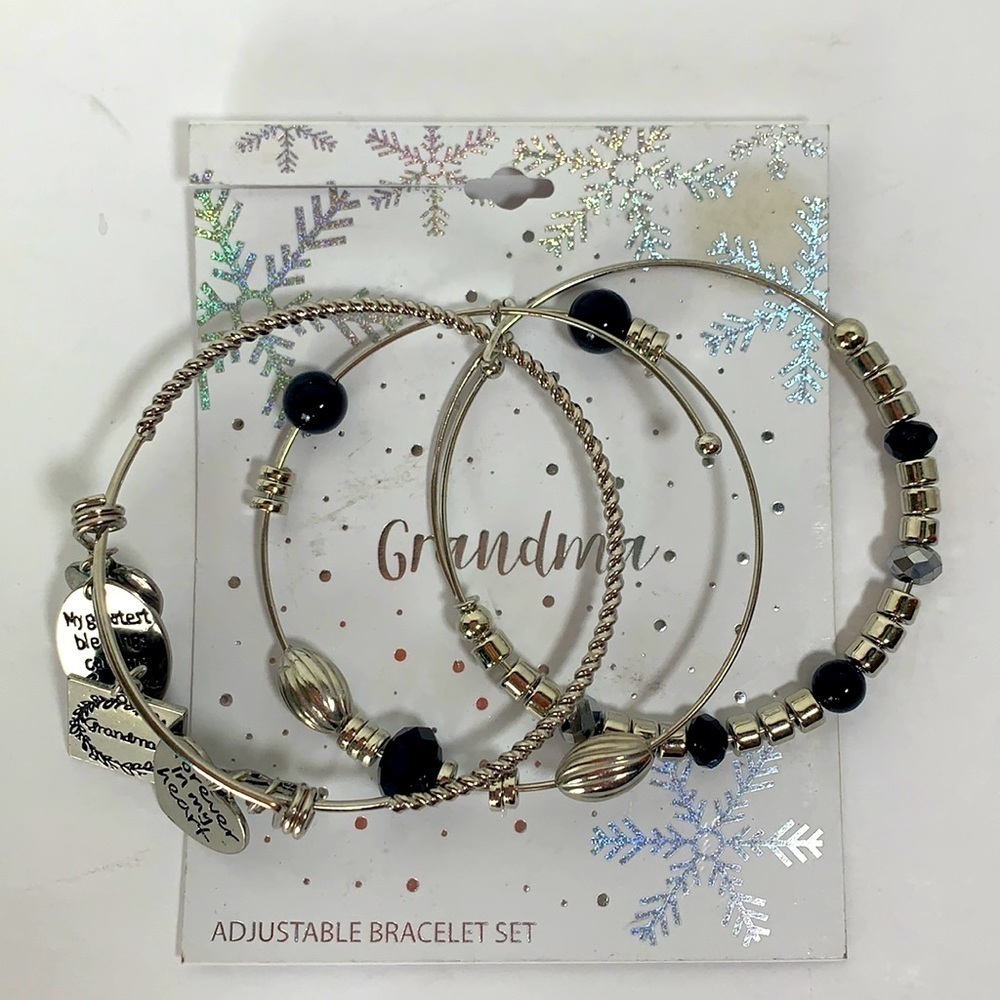 Grandma Adjustable Beaded Charm Bracelet Set of Three - Silver Tone